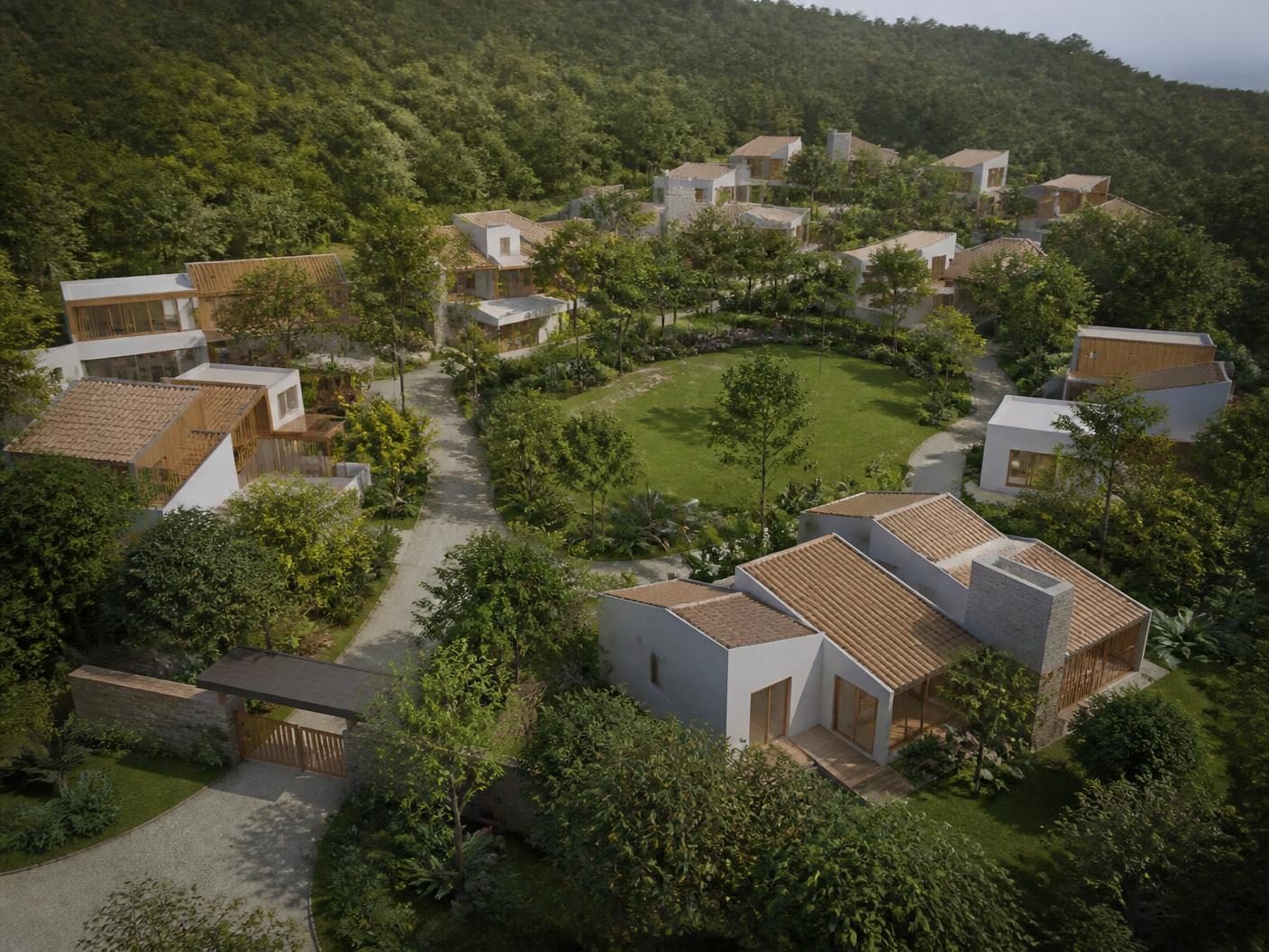 Estudo ilustrativo de potencial: condomínio village residencial de casas contemporâneas integradas à vegetação