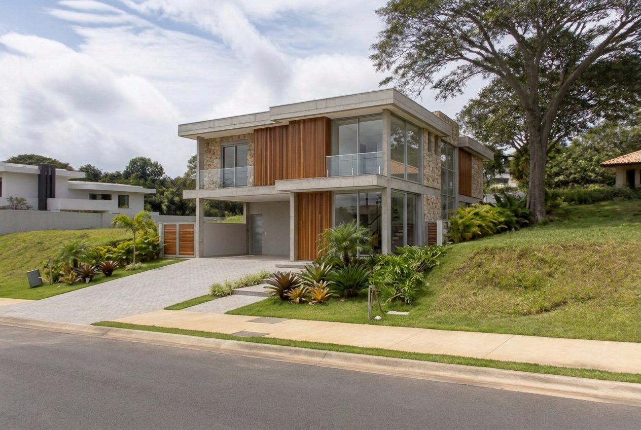 Residência contemporânea de alto padrão concluída em condomínio residencial brasileiro