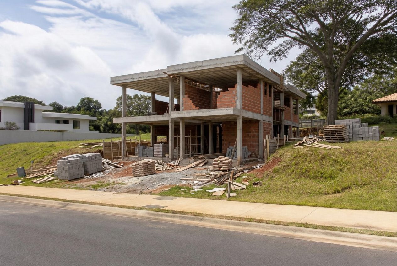 Mesma residência em fase de construção, com estrutura de concreto e alvenaria