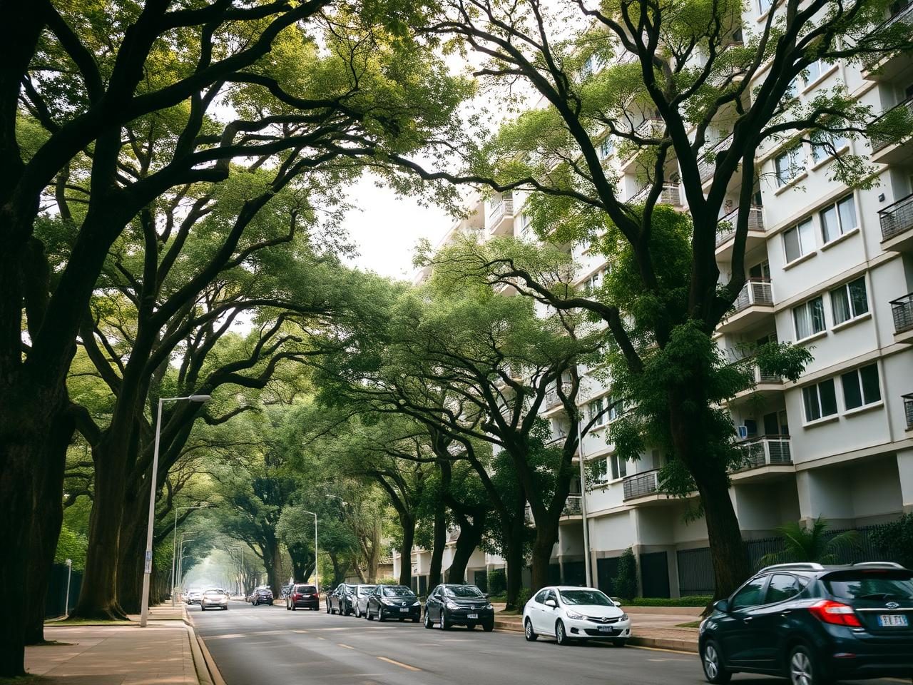 Rua arborizada de Moema com edifícios residenciais